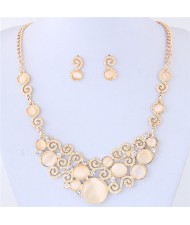 Opal Stone and Rhinestone Inlaid Propitious Cloud Fashion Statement Necklace and Stud Earrings Set - Light Champagne