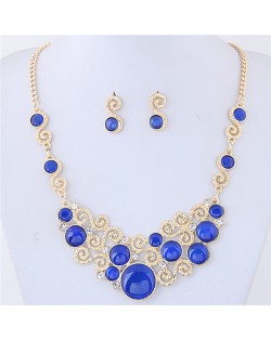 Opal Stone and Rhinestone Inlaid Propitious Cloud Fashion Statement Necklace and Stud Earrings Set - Blue