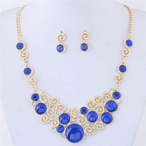 Opal Stone and Rhinestone Inlaid Propitious Cloud Fashion Statement Necklace and Stud Earrings Set - Blue
