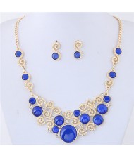 Opal Stone and Rhinestone Inlaid Propitious Cloud Fashion Statement Necklace and Stud Earrings Set - Blue