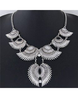 Linked Angel Wings Bold Fashion Statement Necklace - Silver and Black