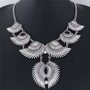Linked Angel Wings Bold Fashion Statement Necklace - Silver and Black