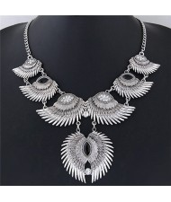 Linked Angel Wings Bold Fashion Statement Necklace - Silver and Black