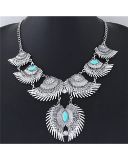 Linked Angel Wings Bold Fashion Statement Necklace - Silver and Teal