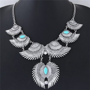 Linked Angel Wings Bold Fashion Statement Necklace - Silver and Teal
