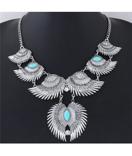 Linked Angel Wings Bold Fashion Statement Necklace - Silver and Teal