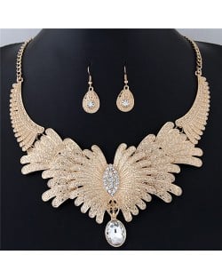 Rhinestone Embellished Exaggerated Feather Fashion Statement Necklace and Earrings Set - Golden