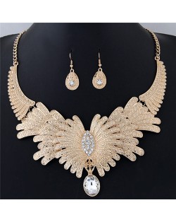 Rhinestone Embellished Exaggerated Feather Fashion Statement Necklace and Earrings Set - Golden