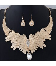 Rhinestone Embellished Exaggerated Feather Fashion Statement Necklace and Earrings Set - Golden