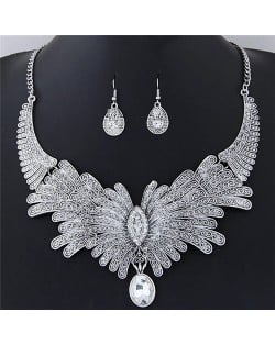 Rhinestone Embellished Exaggerated Feather Fashion Statement Necklace and Earrings Set - Silver
