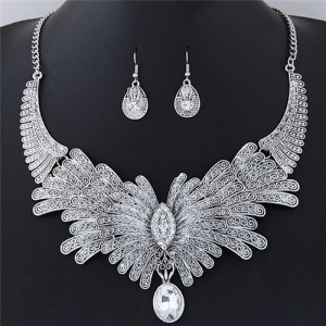 Rhinestone Embellished Exaggerated Feather Fashion Statement Necklace and Earrings Set - Silver