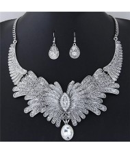 Rhinestone Embellished Exaggerated Feather Fashion Statement Necklace and Earrings Set - Silver