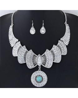 Rhinestone Decorated Feather Inspired Hollow-out with Round Pendant Fashion Necklace and Earrings Set - Silver and Teal