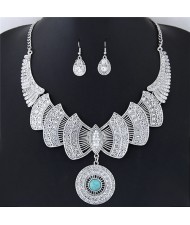 Rhinestone Decorated Feather Inspired Hollow-out with Round Pendant Fashion Necklace and Earrings Set - Silver and Teal