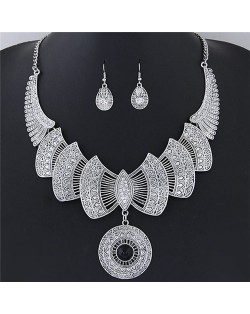 Rhinestone Decorated Feather Inspired Hollow-out with Round Pendant Fashion Necklace and Earrings Set - Silver and Black
