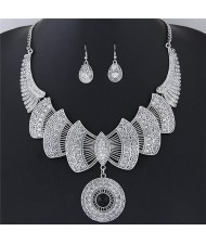 Rhinestone Decorated Feather Inspired Hollow-out with Round Pendant Fashion Necklace and Earrings Set - Silver and Black