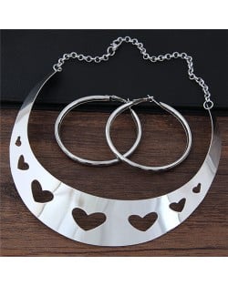 Hollow-out Hearts Arch Pendant Fashion Necklace and Hoop Earrings Set - Silver