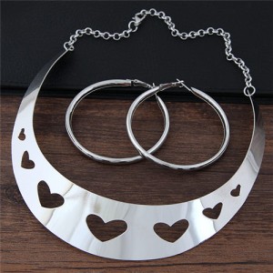 Hollow-out Hearts Arch Pendant Fashion Necklace and Hoop Earrings Set - Silver