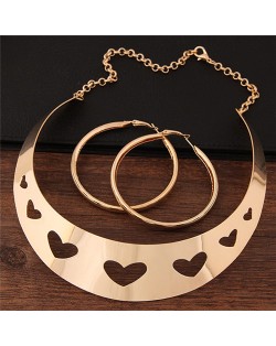 Hollow-out Hearts Arch Pendant Fashion Necklace and Hoop Earrings Set - Golden