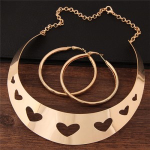 Hollow-out Hearts Arch Pendant Fashion Necklace and Hoop Earrings Set - Golden