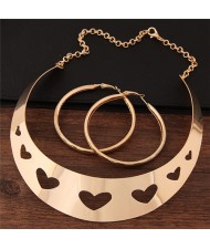 Hollow-out Hearts Arch Pendant Fashion Necklace and Hoop Earrings Set - Golden