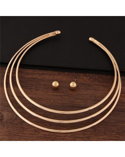 Triple Layers Punk Fashion Alloy Necklace and Stud Earrings Set - Golden