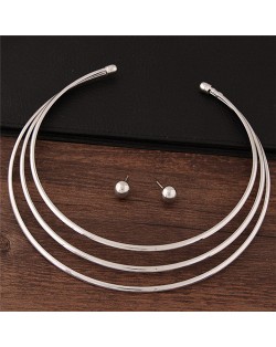 Triple Layers Punk Fashion Alloy Necklace and Stud Earrings Set - Silver