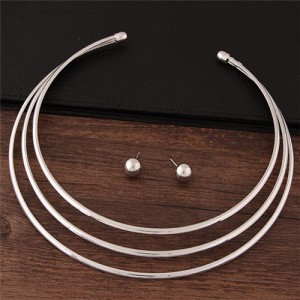 Triple Layers Punk Fashion Alloy Necklace and Stud Earrings Set - Silver