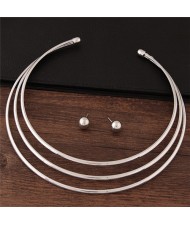 Triple Layers Punk Fashion Alloy Necklace and Stud Earrings Set - Silver