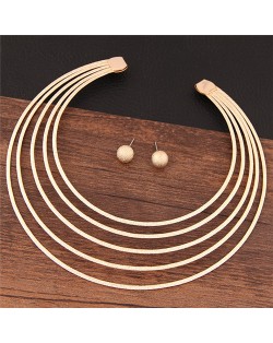 Multiple Layers Dull Polished Texture High Fashion Alloy Costume Necklace and Stud Earrings Set - Golden