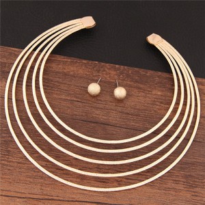 Multiple Layers Dull Polished Texture High Fashion Alloy Costume Necklace and Stud Earrings Set - Golden