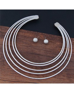 Multiple Layers Dull Polished Texture High Fashion Alloy Costume Necklace and Stud Earrings Set - Silver