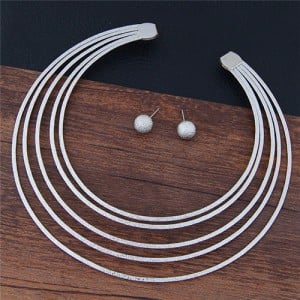 Multiple Layers Dull Polished Texture High Fashion Alloy Costume Necklace and Stud Earrings Set - Silver