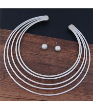 Multiple Layers Dull Polished Texture High Fashion Alloy Costume Necklace and Stud Earrings Set - Silver