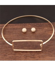Rectangular Design Alloy Fashion Necklet and Stud Earrings Set - Golden