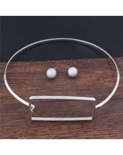 Rectangular Design Alloy Fashion Necklet and Stud Earrings Set - Silver