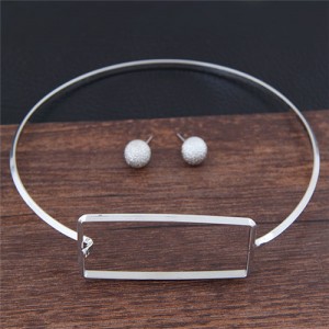 Rectangular Design Alloy Fashion Necklet and Stud Earrings Set - Silver