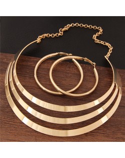 Triple Layers Plain Arch Alloy Fashion Costume Necklace and Hoop Earrings Set - Golden