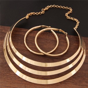 Triple Layers Plain Arch Alloy Fashion Costume Necklace and Hoop Earrings Set - Golden