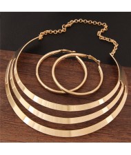 Triple Layers Plain Arch Alloy Fashion Costume Necklace and Hoop Earrings Set - Golden