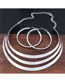 Triple Layers Plain Arch Alloy Fashion Costume Necklace and Hoop Earrings Set - Silver