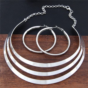 Triple Layers Plain Arch Alloy Fashion Costume Necklace and Hoop Earrings Set - Silver