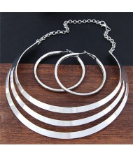 Triple Layers Plain Arch Alloy Fashion Costume Necklace and Hoop Earrings Set - Silver