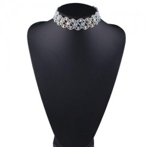 Shining Rhinestone Hollow-out Floral Fashion Short Choker Statement Necklace