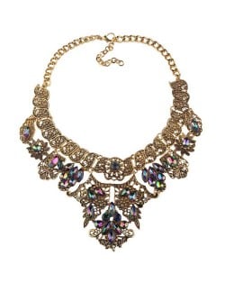 Rhinestone Embellished Delicate Flowers Leaves and Vines Chunky Fashion Statement Necklace - Copper