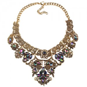 Rhinestone Embellished Delicate Flowers Leaves and Vines Chunky Fashion Statement Necklace - Copper