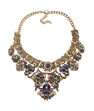 Rhinestone Embellished Delicate Flowers Leaves and Vines Chunky Fashion Statement Necklace - Copper