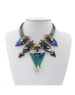 High Fashion Gems Combined Floral Style Chunky Chain Costume Necklace - Blue