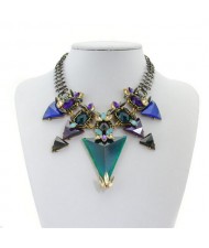 High Fashion Gems Combined Floral Style Chunky Chain Costume Necklace - Blue