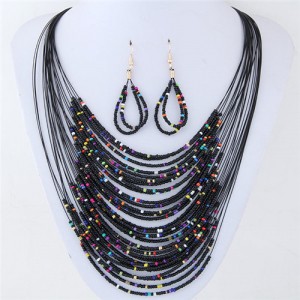Contrast Colors Beads Fashion Multi-layer Costume Necklace and Earrings Set - Black